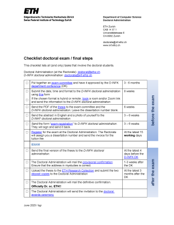 Checklist D-INFK doctoral exam and final steps
