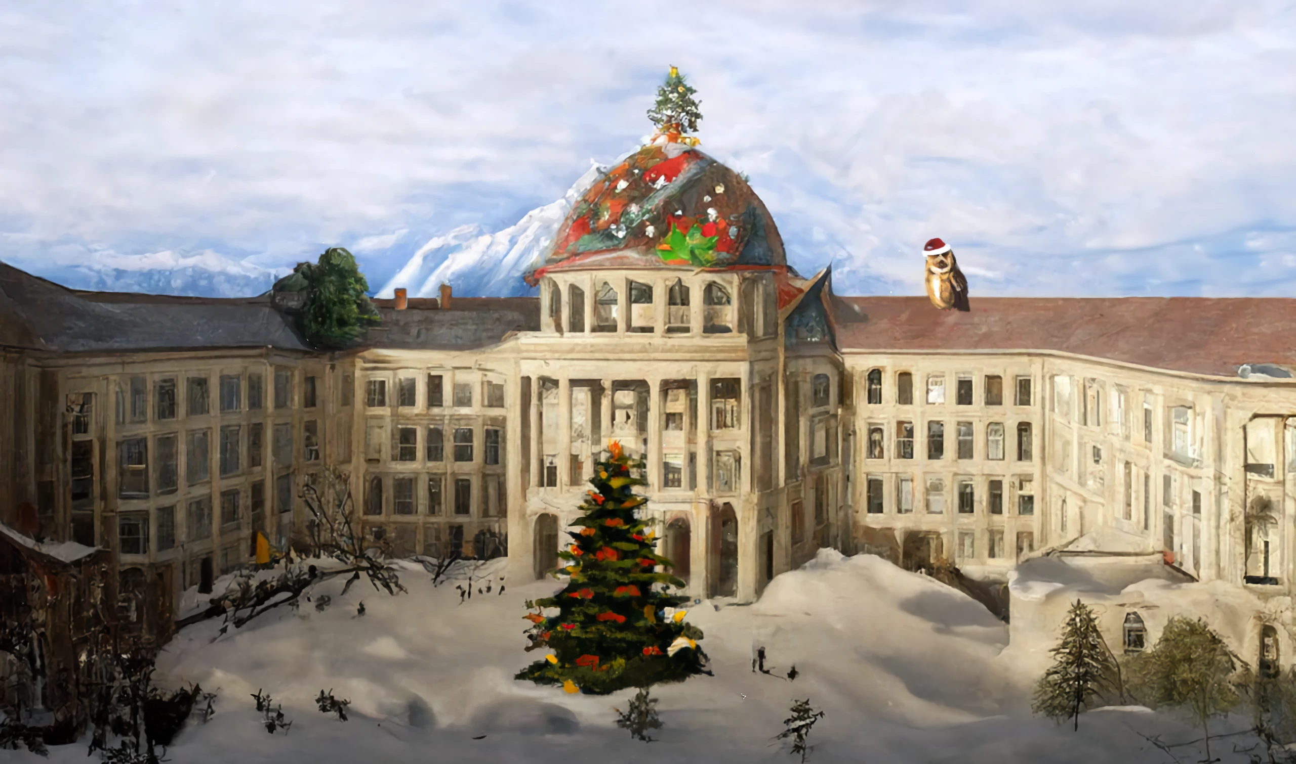 Vergrösserte Ansicht: Ein KI-generiertes Bild vom ETH-Hauptgebäude im Schnee, mit einem grossen Weihnachtsbaum auf dem Vorplatz und festlichen Dekorationen auf dem Dach.