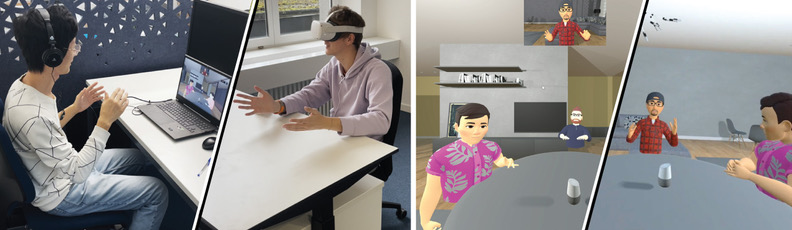 Es gibt vier Bilder: Das erste zeigt eine Person, die Kopfhörer trägt und auf einen Laptop schaut. Das zweite zeigt eine andere Person, die ein VR-Headset trägt. Das dritte und vierte Bild zeigen beide die ViGather 3D-Szene aus verschiedenen Blickwinkeln.