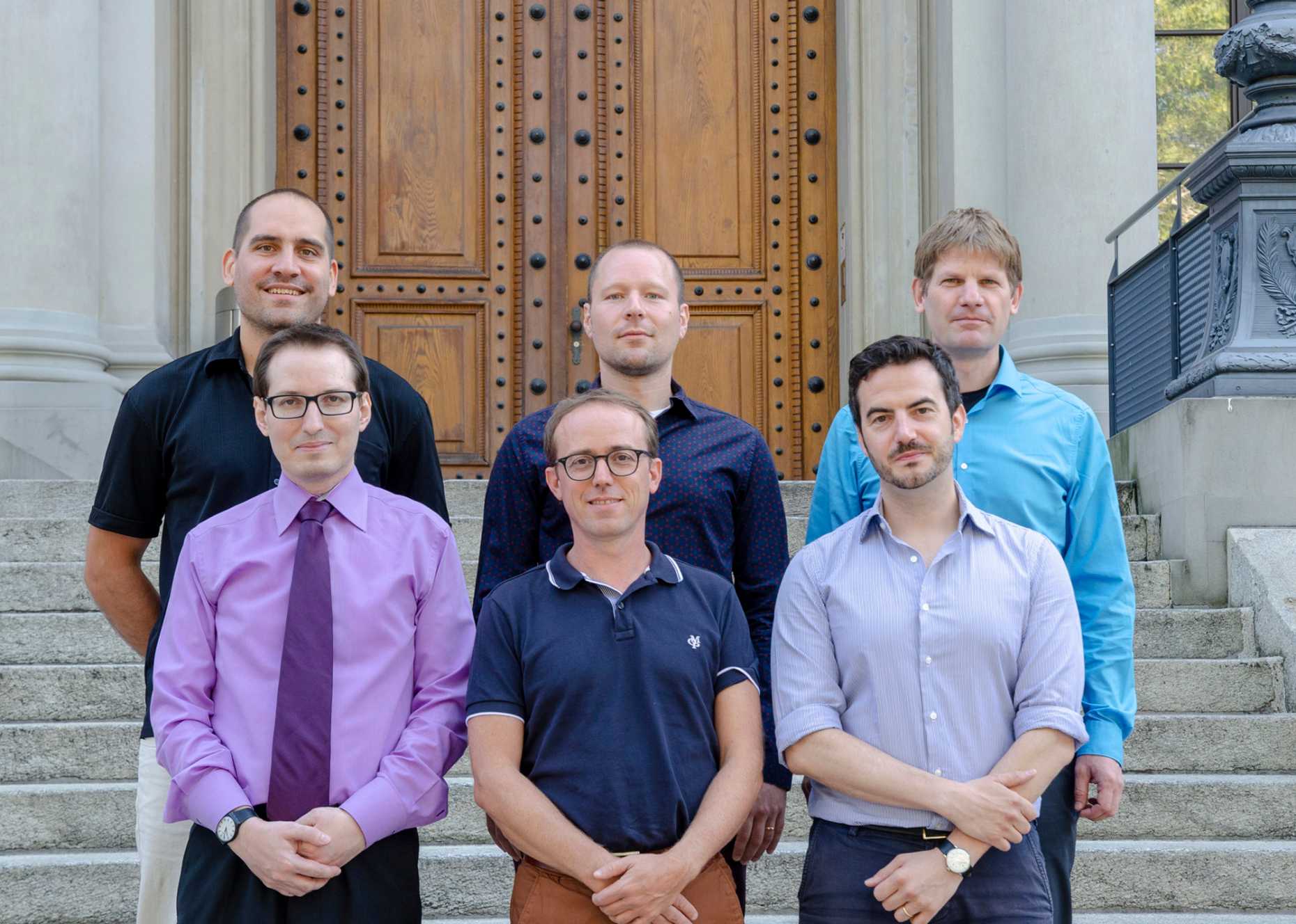 The team responsible for service teaching and more at the Department of Computer Science consist of Hermann Lehner, Malte Schwerhoff, Felix Friedrich (top row), Ghislain Fourny, Lukas Fässler and Dennis Komm (bottom row).