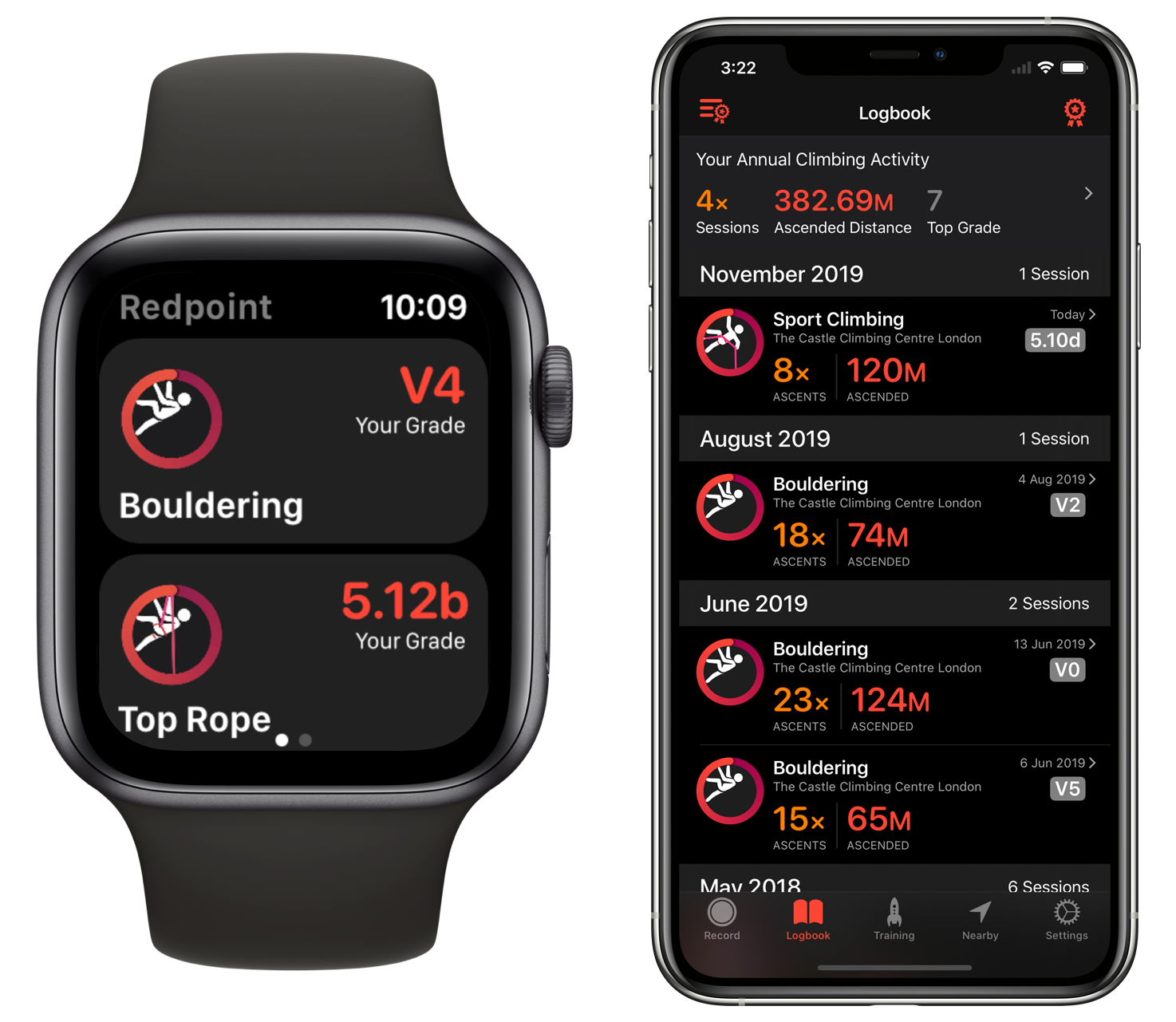 Enlarged view: Screenshot of the climbing app Redpoint on the Apple Watch and on a smartphone