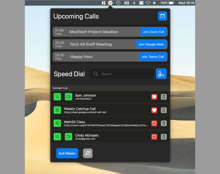 Screenshot of the app Meeter, showing an overview of calls and contacts.