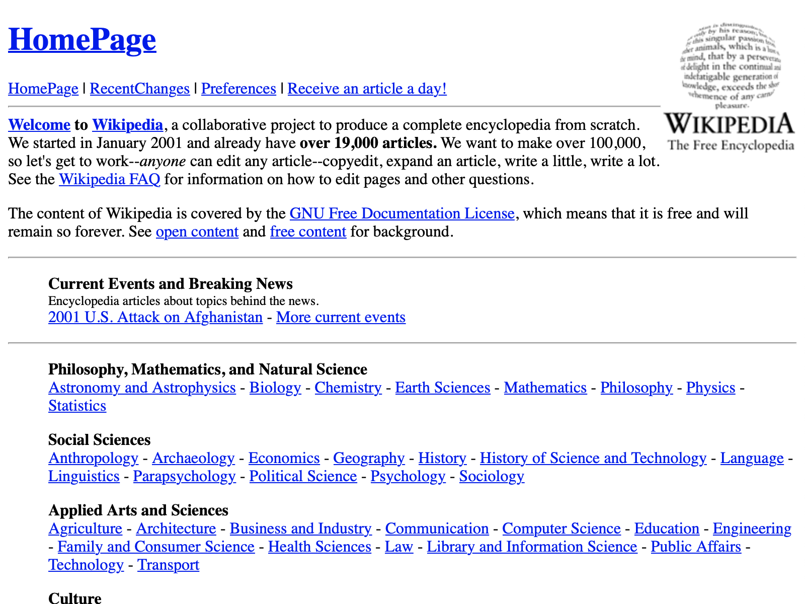 Screenshot of the Wikipedia homepage on December 20, 2001