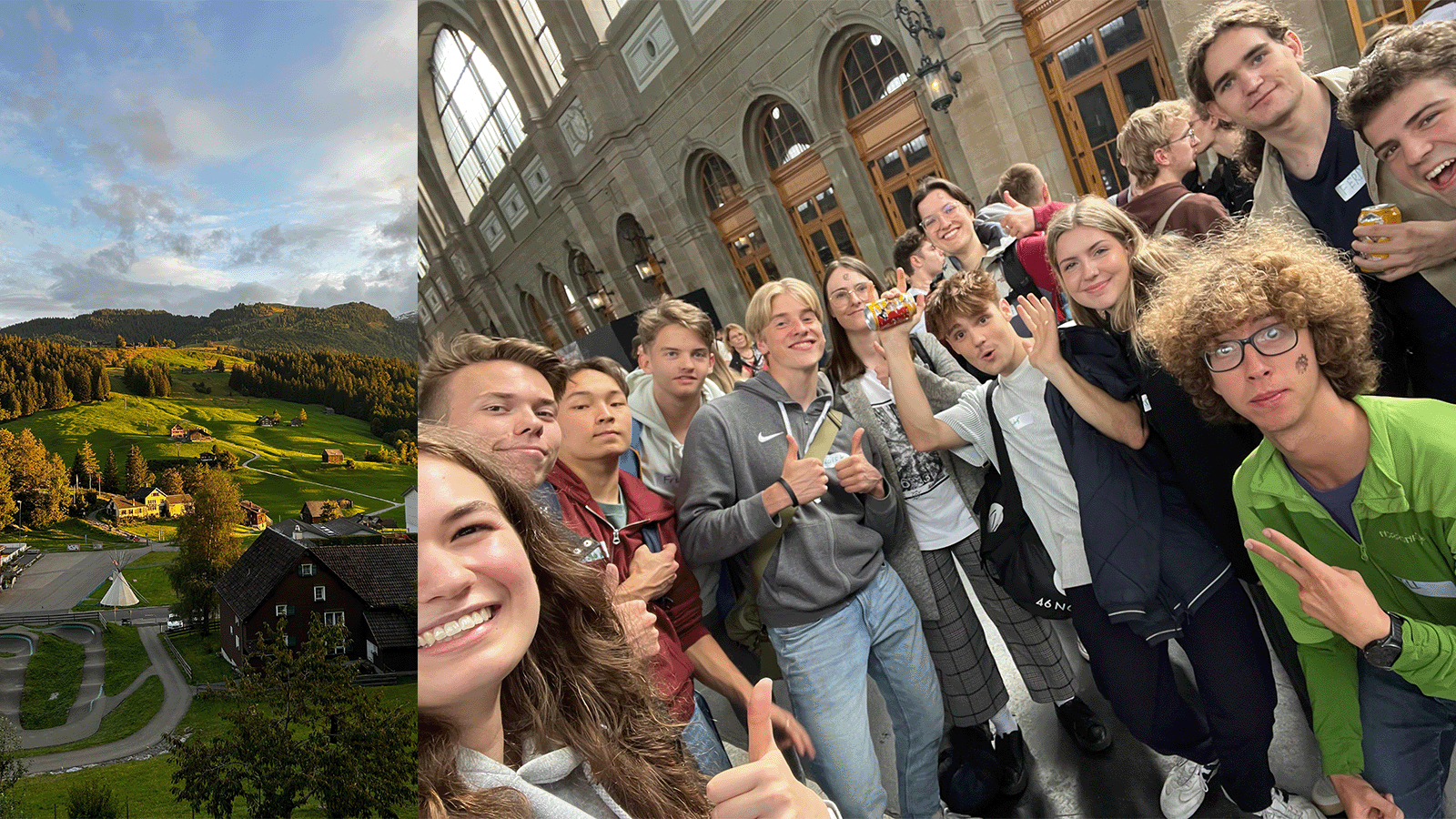 the picture has two elements: Left is a picture of the view where you can see the picturesque landscape of Toggenburg. On the right are 12 female and male students who all smile into the camera for a quick selfie.